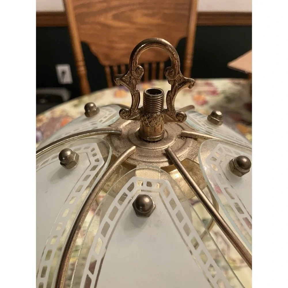 Vtg 3-Way  Gold Tone Touch Lamp with 6 Glass Panels White Floral 14